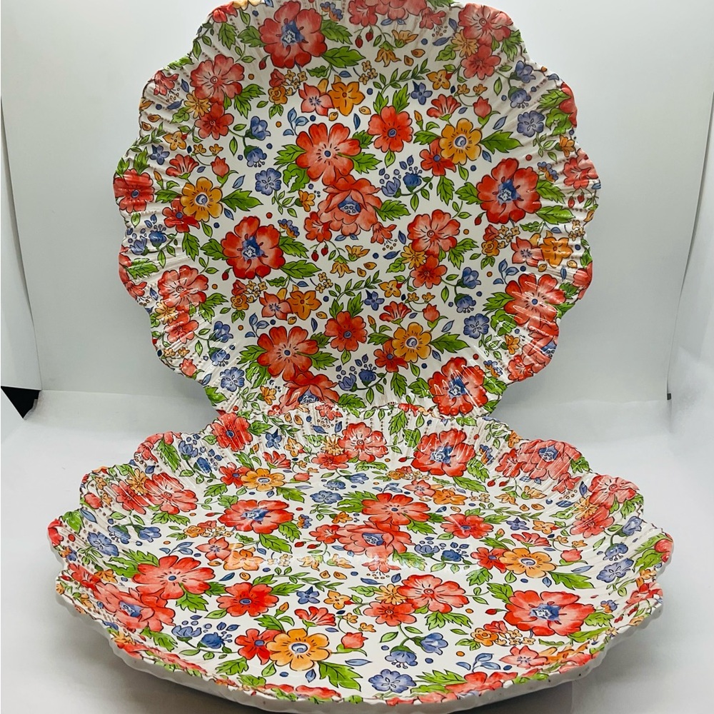 2 Shabby Chic Spring Floral Melamine Scalloped Salad Plates 11” Diameter